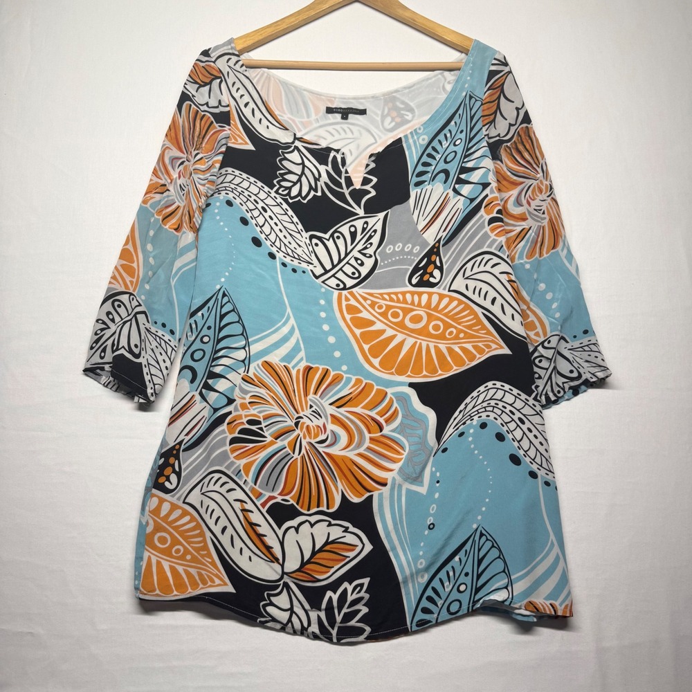 BCBGMAXAZRIA 100% Silk Abstract Floral Blouse‎ Womens 6 Blue Orange Boho Top